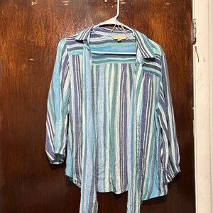 Elegant Striped Button-Down Shirt in Blue and Green
